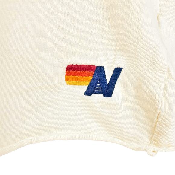 AVIATOR NATION Rainbow 7-Stripe Cropped Distressed Tee Size S ASO Shelby Simmons - Picture 5 of 8